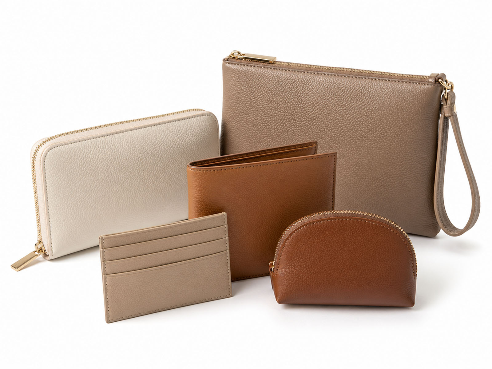 Small leather goods including wallets, pouches and compact accessories for private label brands.