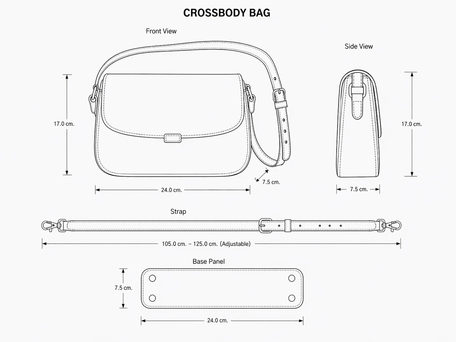 Custom crossbody bag technical drawing with dimensions for OEM/ODM bag development and production.
