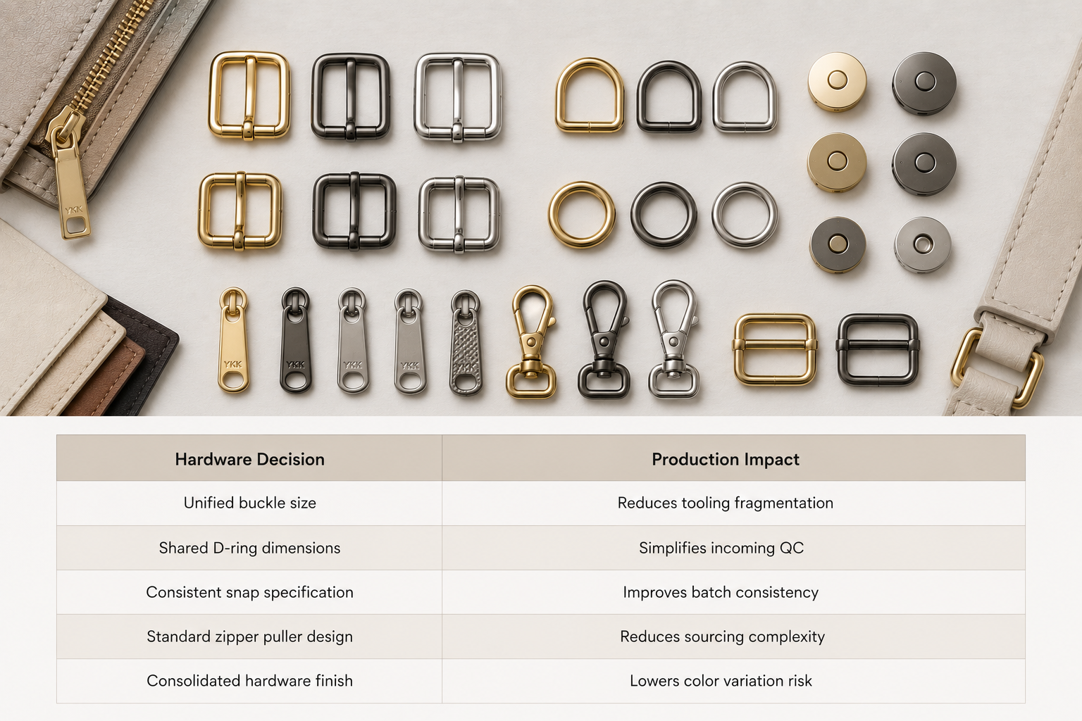 Handbag hardware standardization for OEM production efficiency and cost reduction