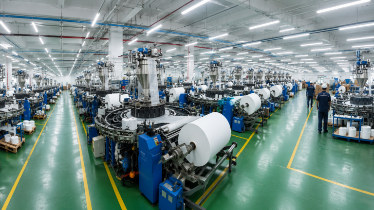 Modern bag manufacturing process scene inside an OEM production facility with machinery and quality-controlled workflow