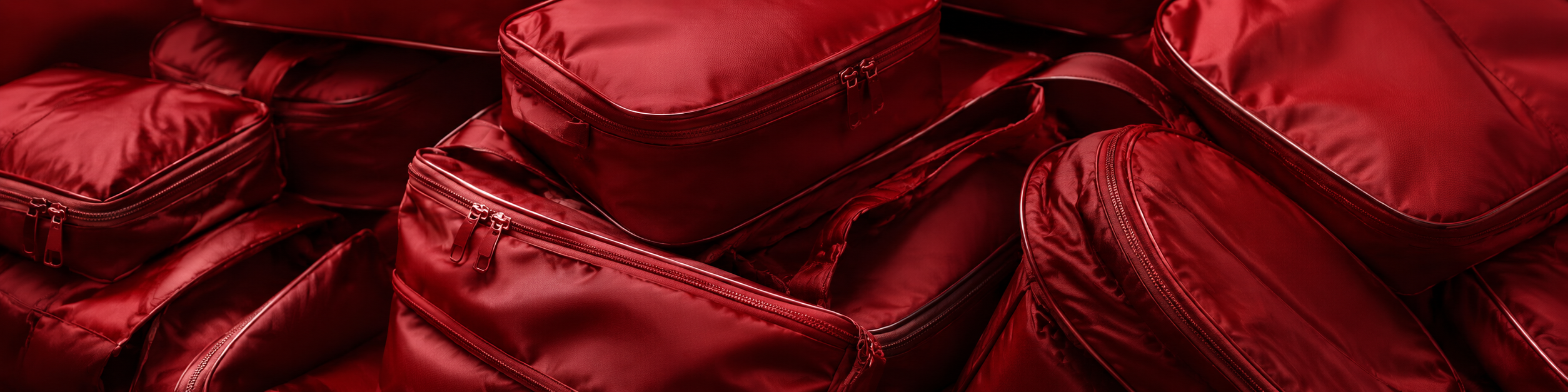 Red bags stacked in an OEM bag manufacturing batch, showing zipper details, fabric texture, and production-ready bag components.
