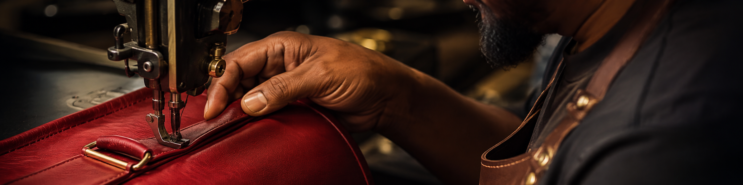 Close-up of a craftsman sewing a red leather bag with an industrial machine, showing OEM bag production stitching and craftsmanship details.